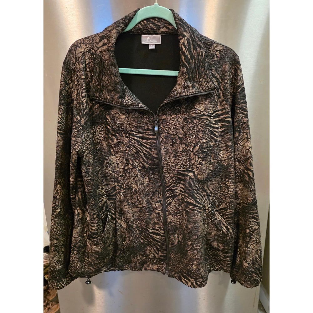 JM Collection Women L Jacket Brown Snakeskin Crinkle Zip Up Mock Neck Pocket